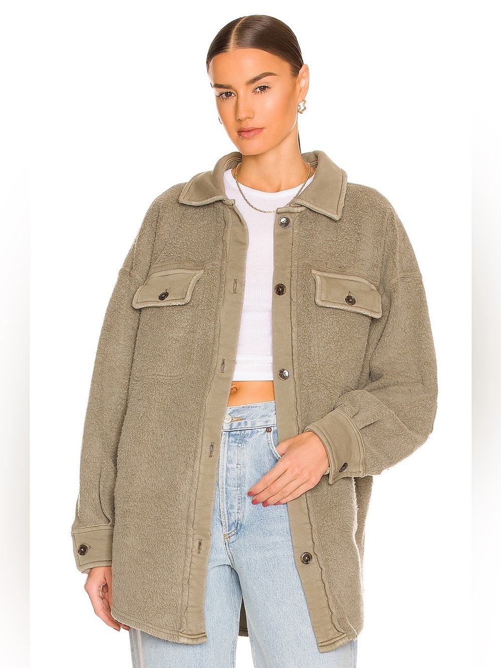 Free People Ruby Jacket in Dirty Olive Shacket Knit Cardigan Jacket Button-Up
